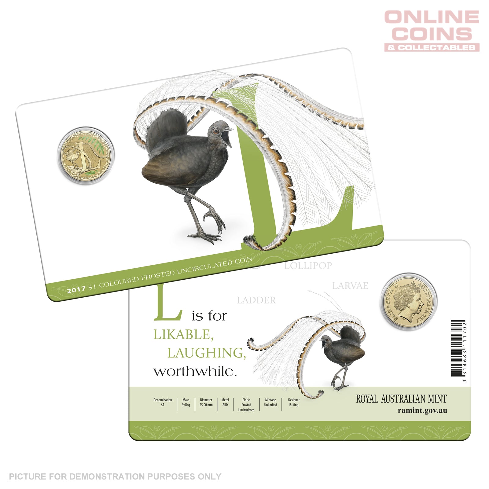 2017 $1 Coloured Alphabet Frosted Coin In Card - L For Lyrebird